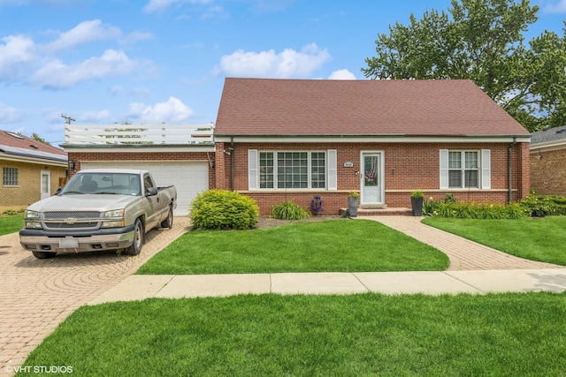 9445 Le Claire Ave, Skokie, IL 60077 - view of front of home featuring brick siding, a front lawn, decorative driveway, and a garage