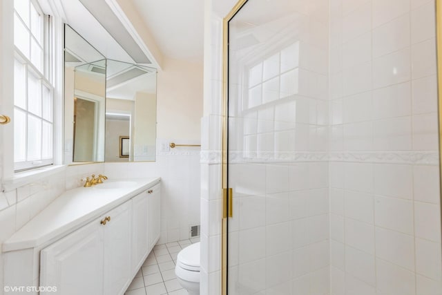 9445 Le Claire Ave, Skokie, IL 60077 - full bath with tile walls, vanity, a shower stall, and tile patterned floors