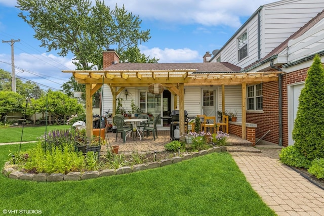 9445 Le Claire Ave, Skokie, IL 60077 - back of property with a chimney, a yard, a pergola, brick siding, and a patio area