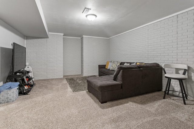 1607 Peppermill Ln, Champaign, IL 61822 - carpeted living room featuring brick wall and ornamental molding