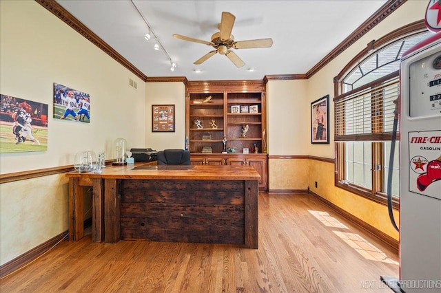 36W850 Red Gate Ct, Saint Charles, IL 60175 - home office with baseboards, light wood-style flooring, crown molding, ceiling fan, and track lighting