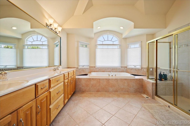 36W850 Red Gate Ct, Saint Charles, IL 60175 - full bath with lofted ceiling, a bath, tile patterned floors, double vanity, and a shower stall