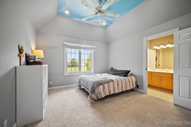 36W850 Red Gate Ct, Saint Charles, IL 60175 - bedroom featuring light carpet, lofted ceiling, ensuite bathroom, baseboards, and ceiling fan