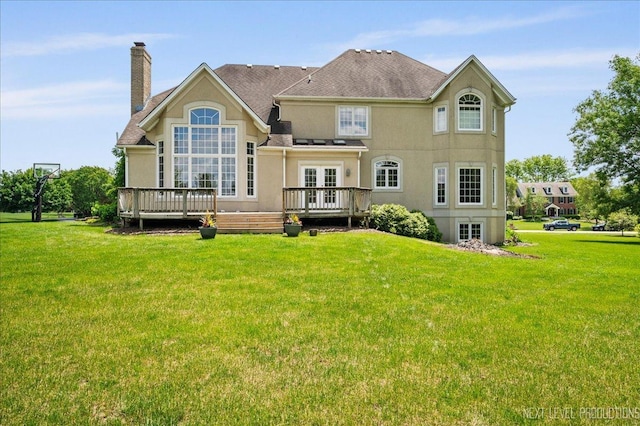36W850 Red Gate Ct, Saint Charles, IL 60175 - back of property featuring french doors, a deck, a chimney, and stucco siding