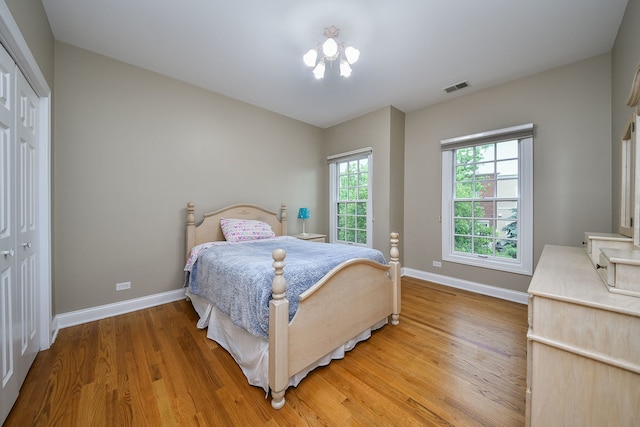 17 Virginia Pkwy, Schaumburg, IL 60193 - bedroom with baseboards, light wood-type flooring, a chandelier, and a closet