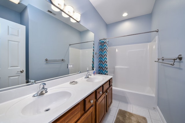 17 Virginia Pkwy, Schaumburg, IL 60193 - full bath featuring tile patterned floors, shower / bath combo with shower curtain, double vanity, and baseboards