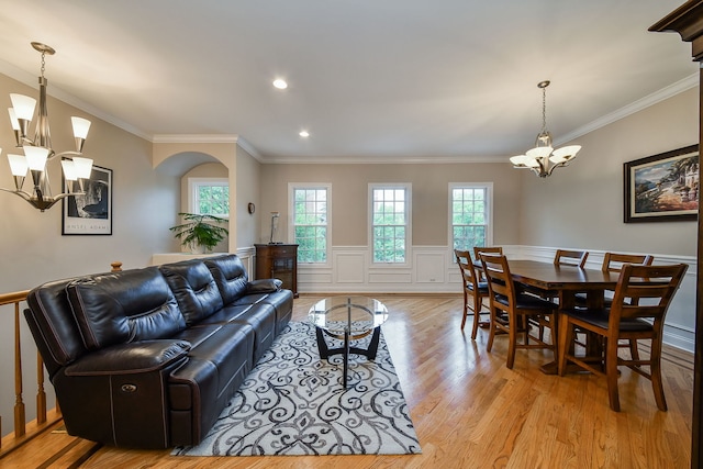 17 Virginia Pkwy, Schaumburg, IL 60193 - living area with a chandelier, light wood-type flooring, crown molding, a wainscoted wall, and recessed lighting