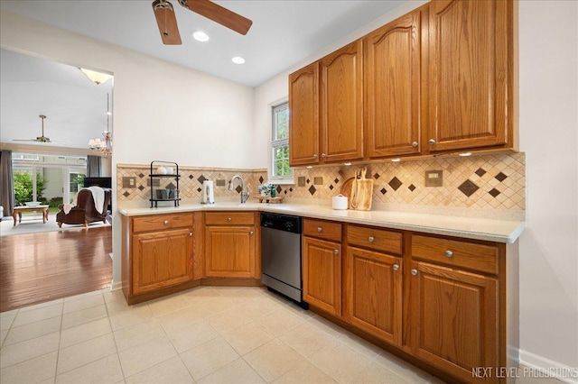 211 Trentt Dr Unit 211, Batavia, IL 60510 - kitchen with stainless steel dishwasher, a ceiling fan, light countertops, and recessed lighting
