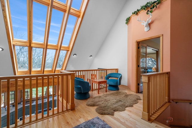 20719 Highview Rd, Marengo, IL 60152 - living area featuring wood finished floors, high vaulted ceiling, and a skylight