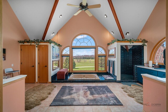 20719 Highview Rd, Marengo, IL 60152 - entryway featuring healthy amount of natural light, high vaulted ceiling, ceiling fan, and tile patterned flooring