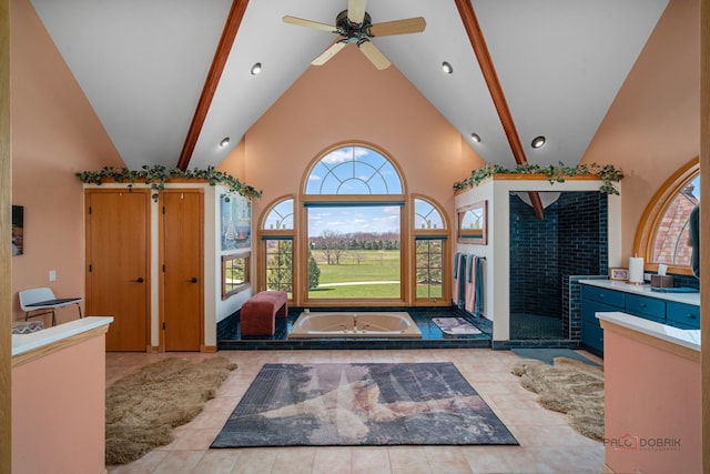 20719 Highview Rd, Marengo, IL 60152 - entrance foyer featuring healthy amount of natural light, high vaulted ceiling, a ceiling fan, and tile patterned floors