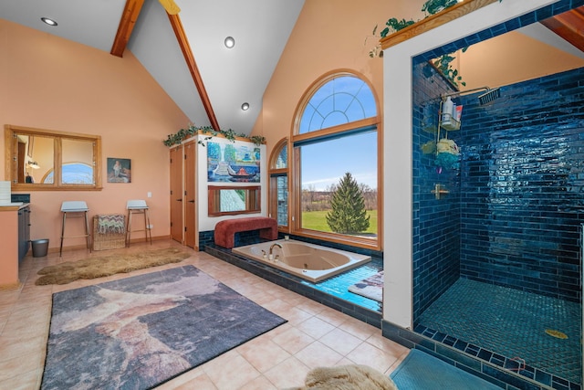 20719 Highview Rd, Marengo, IL 60152 - full bath featuring a whirlpool tub, tiled shower, tile patterned floors, high vaulted ceiling, and vanity