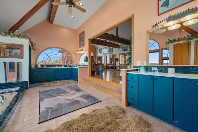20719 Highview Rd, Marengo, IL 60152 - bathroom with high vaulted ceiling, beam ceiling, ceiling fan, vanity, and a bathtub