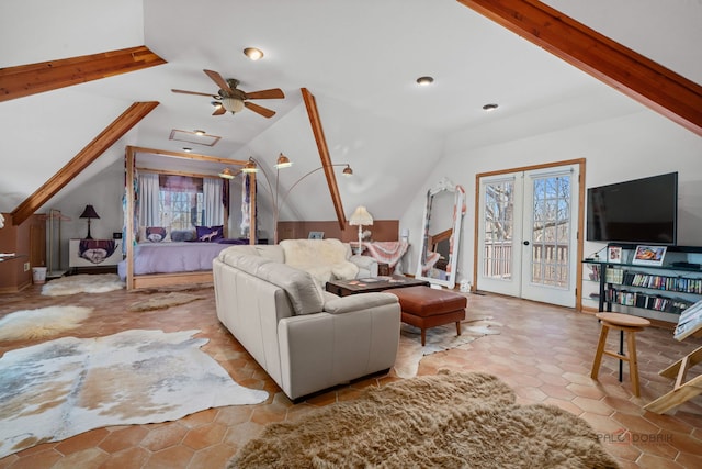 20719 Highview Rd, Marengo, IL 60152 - living room featuring lofted ceiling, healthy amount of natural light, ceiling fan, and french doors