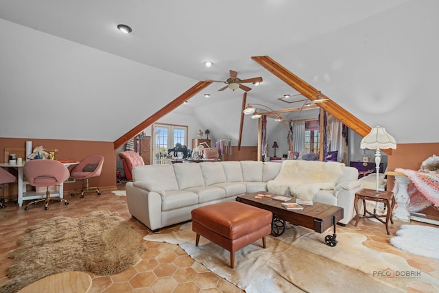 20719 Highview Rd, Marengo, IL 60152 - living area featuring vaulted ceiling, a ceiling fan, and recessed lighting