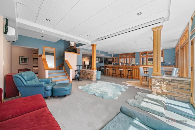 20719 Highview Rd, Marengo, IL 60152 - living room with decorative columns, a paneled ceiling, stairway, and bar