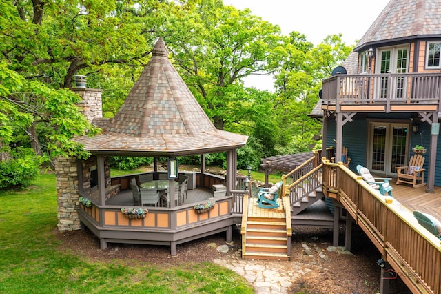 20719 Highview Rd, Marengo, IL 60152 - deck featuring a gazebo, french doors, a lawn, and view of wooded area