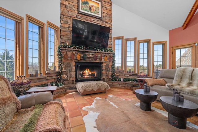 20719 Highview Rd, Marengo, IL 60152 - tiled living room with high vaulted ceiling and a stone fireplace