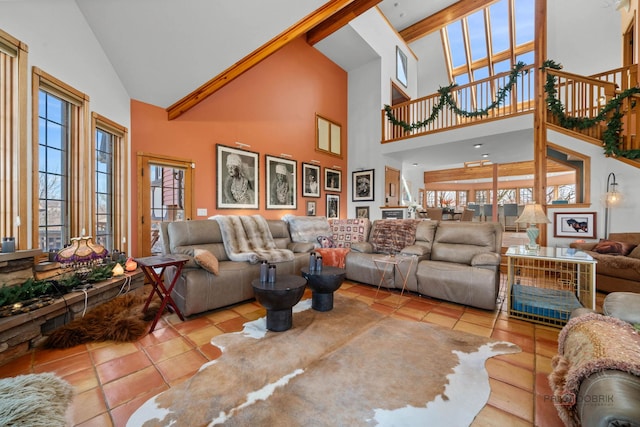 20719 Highview Rd, Marengo, IL 60152 - living room featuring high vaulted ceiling and tile patterned flooring