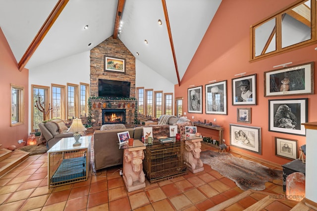 20719 Highview Rd, Marengo, IL 60152 - living room with high vaulted ceiling, beam ceiling, a fireplace, and baseboards