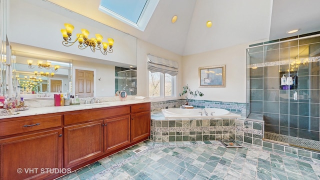 316 Juliana Ln, Bloomingdale, IL 60108 - full bath with a stall shower, a bath, vanity, high vaulted ceiling, and a skylight