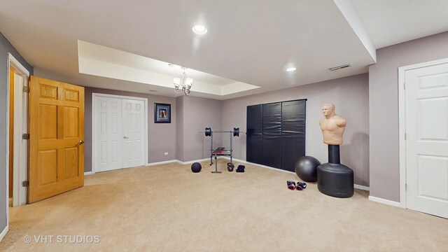 316 Juliana Ln, Bloomingdale, IL 60108 - workout room featuring baseboards, carpet floors, a tray ceiling, recessed lighting, and a chandelier