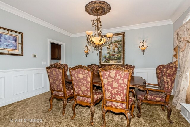 316 Juliana Ln, Bloomingdale, IL 60108 - dining room featuring a chandelier, wainscoting, crown molding, carpet floors, and a decorative wall