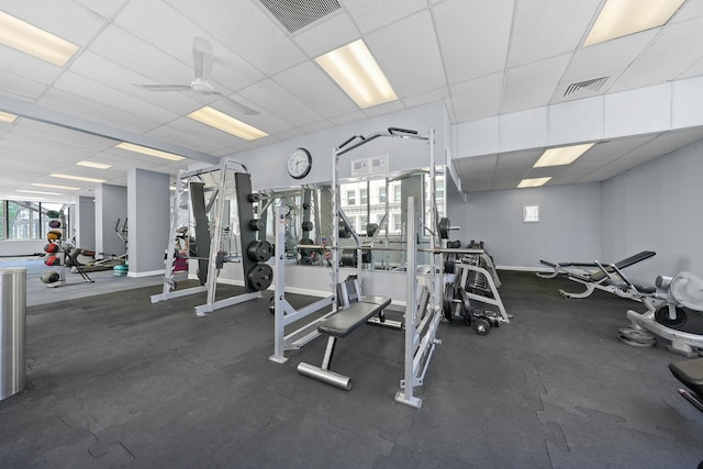 405 N Wabash Ave Unit 502, Chicago, IL 60611 - gym featuring a drop ceiling, ceiling fan, and baseboards