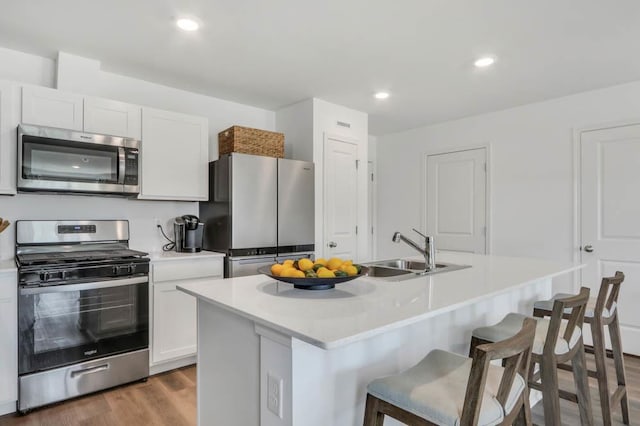 1062 58th Rd Unit 0051, Union Grove, WI 53182 - kitchen featuring stainless steel appliances, a sink, a breakfast bar, wood finished floors, and white cabinetry