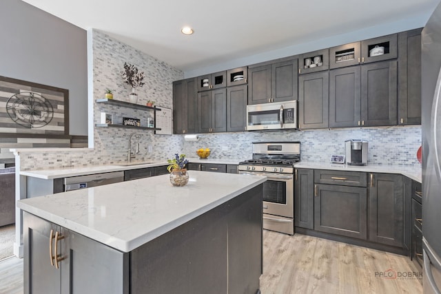 300 Knox Park Rd, Lake Zurich, IL 60047 - kitchen with appliances with stainless steel finishes, open shelves, decorative backsplash, a center island, and light wood-type flooring