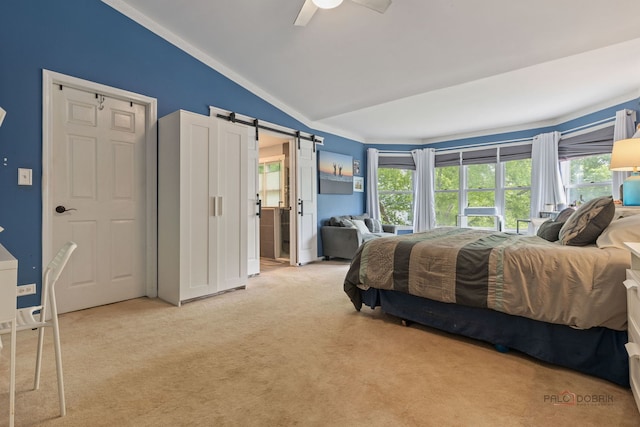 300 Knox Park Rd, Lake Zurich, IL 60047 - carpeted bedroom with lofted ceiling, a barn door, and ceiling fan