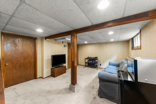 310 Forest Ave, Glen Ellyn, IL 60137 - living room featuring light carpet, recessed lighting, and wood walls