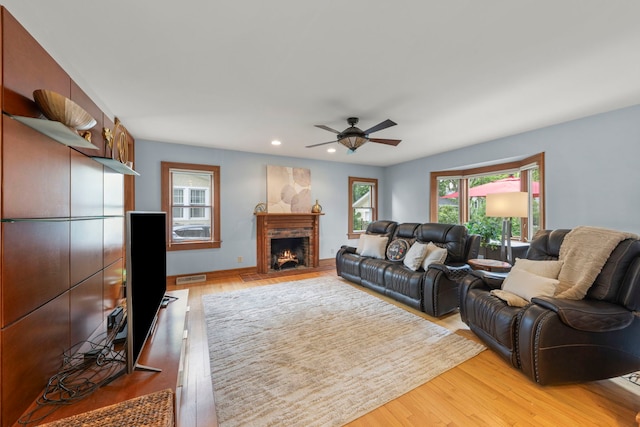 310 Forest Ave, Glen Ellyn, IL 60137 - living area with ceiling fan, recessed lighting, a fireplace, and light wood-style floors