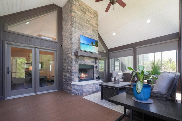 5949 Whitetail Ridge Dr, Yorkville, IL 60560 - living room with wood finished floors, plenty of natural light, high vaulted ceiling, a ceiling fan, and wooden ceiling