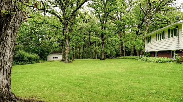 view of green lawn with an outbuilding