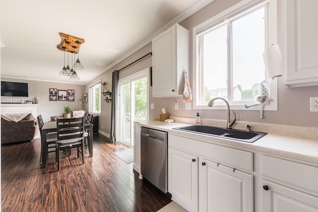 86 E Hummingbird Ave, Cortland, IL 60112 - kitchen featuring dishwasher, a sink, white cabinets, dark wood-style flooring, and ornamental molding