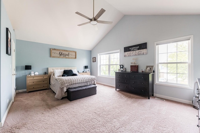 86 E Hummingbird Ave, Cortland, IL 60112 - carpeted bedroom featuring baseboards, high vaulted ceiling, and a ceiling fan