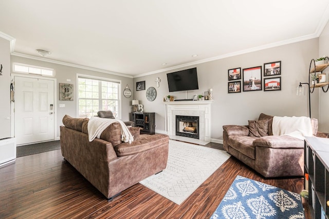 86 E Hummingbird Ave, Cortland, IL 60112 - living room featuring dark wood-type flooring, ornamental molding, a tiled fireplace, and baseboards