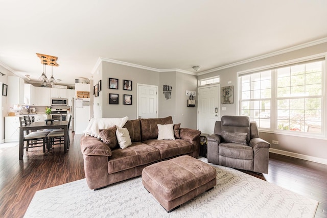 86 E Hummingbird Ave, Cortland, IL 60112 - living room featuring crown molding, dark wood-style flooring, baseboards, and a chandelier
