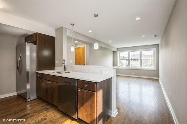 2553 W Summerdale St Unit 2E, Chicago, IL 60625 - kitchen featuring appliances with stainless steel finishes, a sink, dark wood finished floors, a peninsula, and light countertops