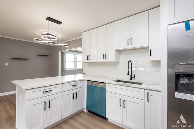 16568 Plainview Dr, Markham, IL 60428 - kitchen featuring dishwasher, a sink, stainless steel fridge, a peninsula, and white cabinets
