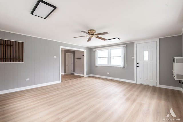16568 Plainview Dr, Markham, IL 60428 - unfurnished living room with heating unit, light wood finished floors, a ceiling fan, baseboards, and ornamental molding