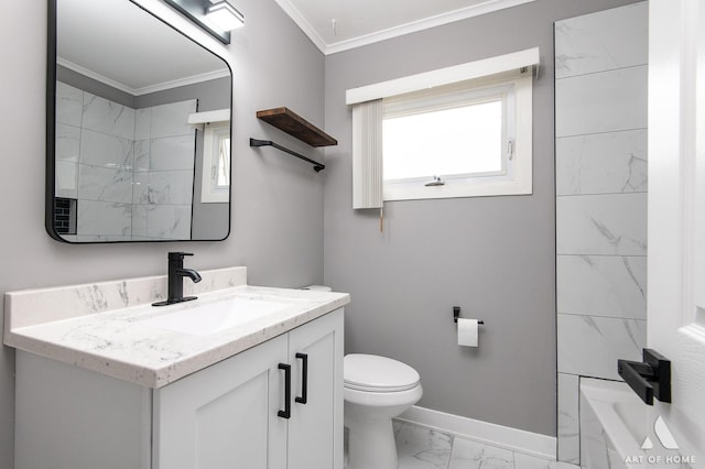 16568 Plainview Dr, Markham, IL 60428 - full bathroom featuring marble finish flooring, vanity, baseboards, toilet, and ornamental molding