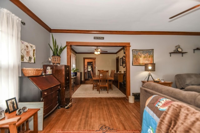 905 Kelly Ave, Joliet, IL 60435 - living room with ornamental molding, wood finished floors, and a ceiling fan