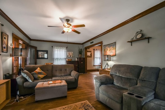 905 Kelly Ave, Joliet, IL 60435 - living room with a ceiling fan, wood finished floors, crown molding, and baseboards