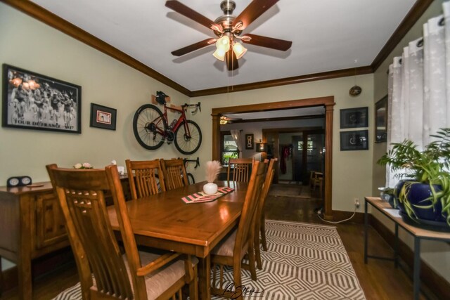 905 Kelly Ave, Joliet, IL 60435 - dining area featuring ceiling fan, crown molding, wood finished floors, and decorative columns