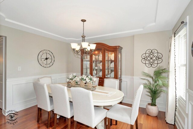 883 White Tail Bnd, Manteno, IL 60950 - dining space featuring a raised ceiling, a chandelier, wood finished floors, a wainscoted wall, and a decorative wall