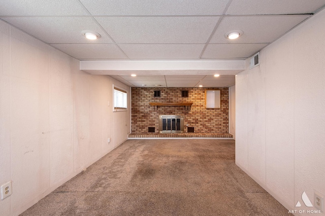 3034 190th St, Lansing, IL 60438 - unfurnished living room featuring carpet, a fireplace, a paneled ceiling, and recessed lighting