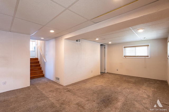 3034 190th St, Lansing, IL 60438 - basement with a paneled ceiling, carpet floors, and stairway