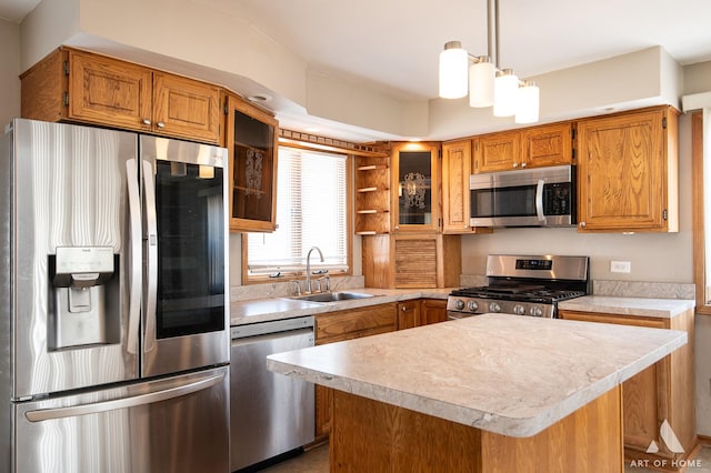 3034 190th St, Lansing, IL 60438 - kitchen with appliances with stainless steel finishes, a sink, light countertops, brown cabinets, and glass insert cabinets